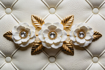Obraz premium Three white floral decorations with gold leaves and central gems sit on a quilted light cream leather surface, creating an elegant decorative detail.