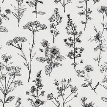 Delicate monochrome herbal drawings with intricate line work featuring apothecary plants and traditional healing flora in seamless vector layout