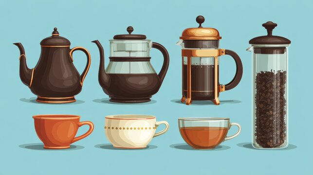 Vector illustration of assorted tea brewing equipment including classic teapot, glass French press, tea cups, and loose-leaf tea icons