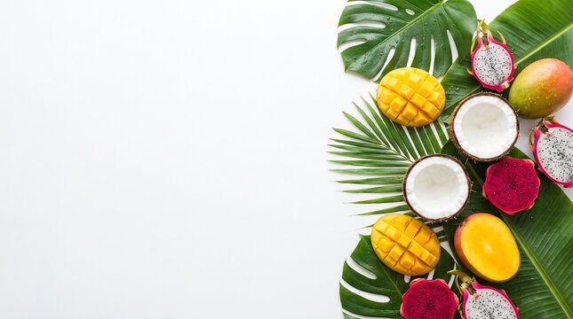Assortment of Fresh Tropical Fruits and Lush Green Palm Leaves Arranged on a Clean White Background with Copyspace for Culinary Designs