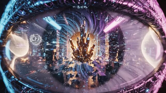 Futuristic cybernetic eye displaying a digital city with glowing energy crystal.