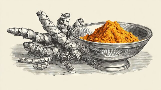 Hand-drawn botanical vector of turmeric root with branching rhizomes and a dish of powdered spice, vintage herbal engraving style