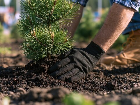 Gardener planting pine tree sapling in soil with
