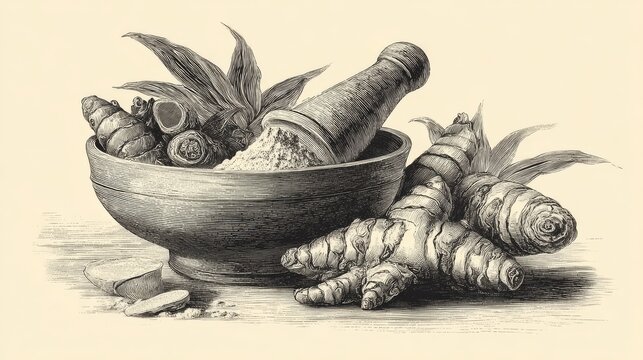 Engraving style turmeric drawings highlighting texture of rhizome root and curcuma powder bowl in monochrome vector detail
