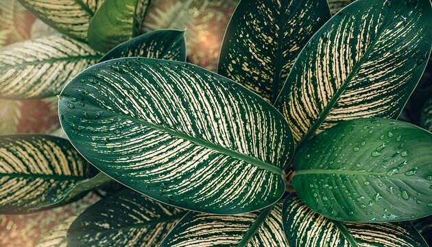 Lush Variegated Tropical Foliage with Dewy Water Droplets