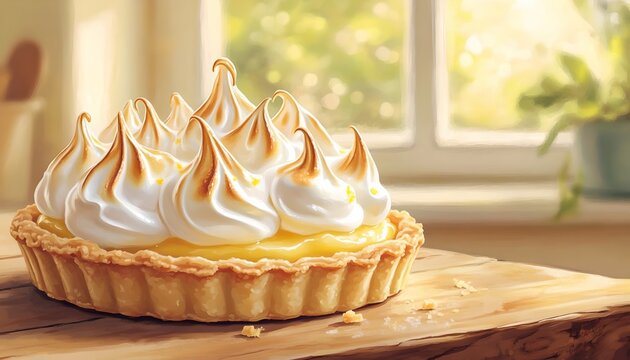 Fresh Lemon Meringue Tart Wooden Surface