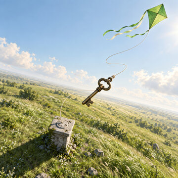 Kite Lifting Key into Open Sky with Spiral String