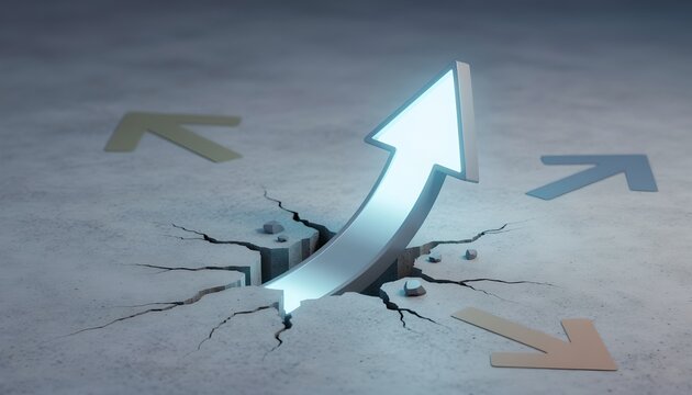 Breaking Through Illuminated Arrow Rising From Cracked Surface