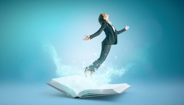 Empowered Woman Leaping Over Open Book