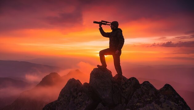 Explorer Overlooking Sunset Peak with Telescope Hand