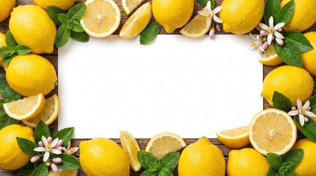 Fresh yellow lemons slices and mint leaves framing a white blank card for homemade lemonade recipe on wooden background