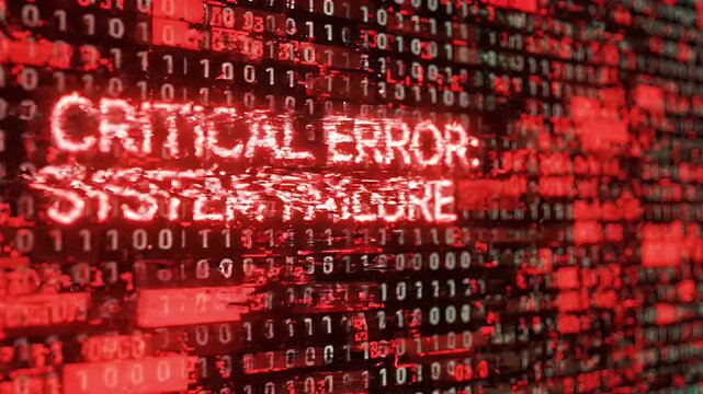 Critical Error System Failure Red Glitch Binary Code - A digital screen displays a critical error message with glowing red text indicating a system failure.