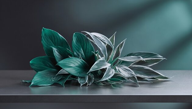 Serene Green Foliage Dark Surface with Soft Lighting