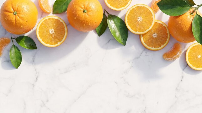 Fresh whole and sliced oranges with green leaves arranged on white marble background with copy space
