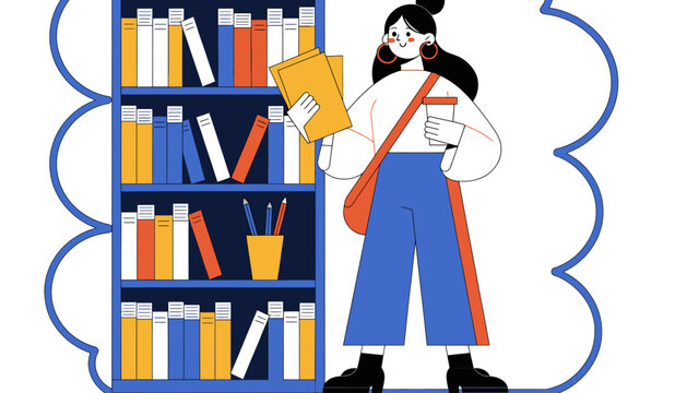 Young Woman with Books in Library, Studying or Reading Concept, Flat Design Illustration
