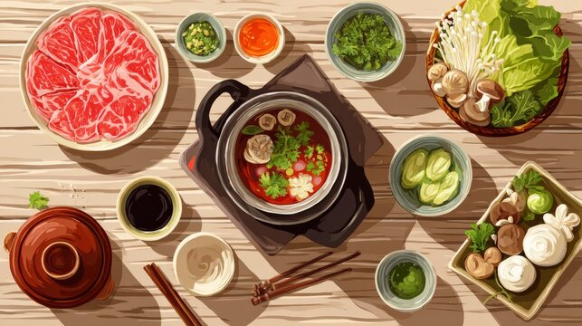 Restaurant theme illustration of shabu-shabu set showing hot pot, fresh vegetables, mushrooms, and dipping sauces in neat vector layout