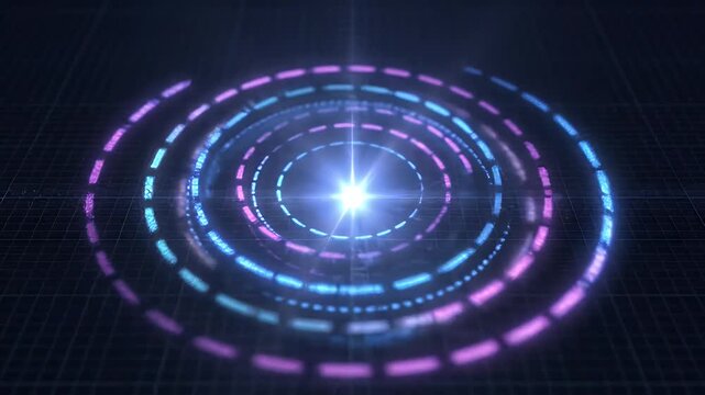 Rotating Digital Orbit Loader with Center Pulse - A dynamic digital animation featuring concentric, dashed orbital paths with staggered rotating segments.