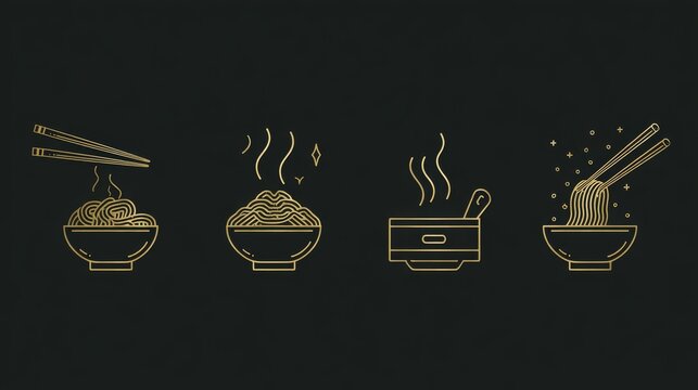 Flat line vector icons depicting noodle cooking with chopsticks, soup bowls, wok box, and pasta fork symbols for restaurant branding