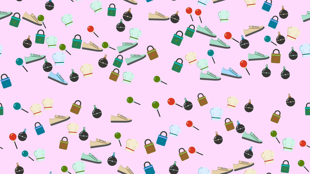 Pattern of shoes, chef hats, locks, and round objects