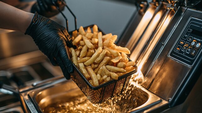 Fast food restaurant worker lifting a basket of golden french fries from a deep fryer
