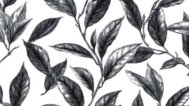 Vintage engraving inspired black and white tea leaf pattern with fine linework and shading in repeatable layout