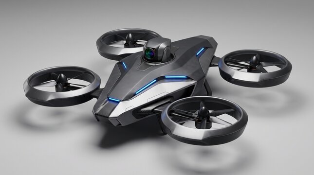 Modern black and blue quadcopter drone with sleek aerodynamic design in neutral studio lighting