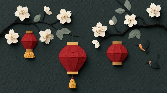 Chinese New Year red lanterns with plum blossoms, Chinese New Year festive textured paper art on dark background, Chinese New Year Asian celebration banner, Chinese New Year Textured Lantern Art