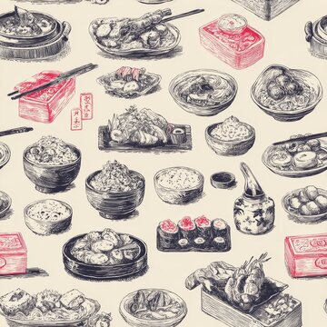 Hand sketched Asian cuisine items arranged as seamless background including soups, bento boxes, and seafood meals
