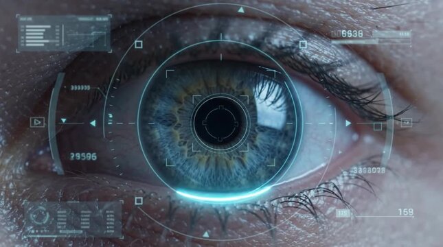 Futuristic Human Eye Cybersecurity Scanner with Biometric HUD Interface