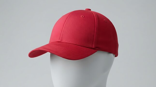 A vibrant red baseball cap displayed on a white mannequin head against a clean white background, showcasing its simple design.