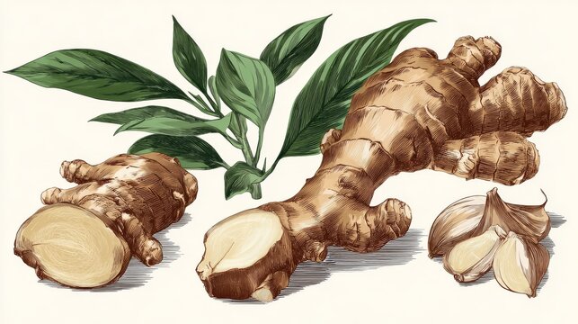 Detailed vector illustration of whole ginger root with sliced pieces and green leaves hand drawn in botanical style isolated on white background