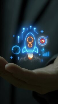Businessman open hand vertical shot supporting glowing rocket launch with strategic milestone icons. Corporate business startup acceleration, enterprise venture growth, and breakthrough concept.