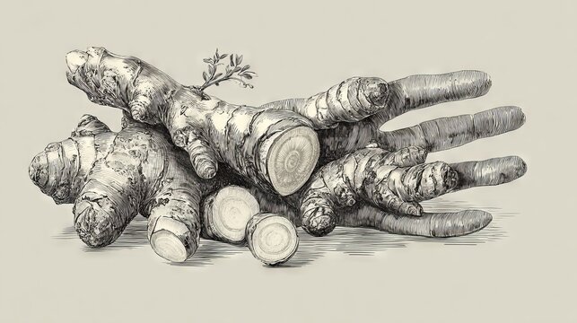 Botanical illustration of ginger root with realistic hand drawn line art details highlighting rhizome texture and cut sections