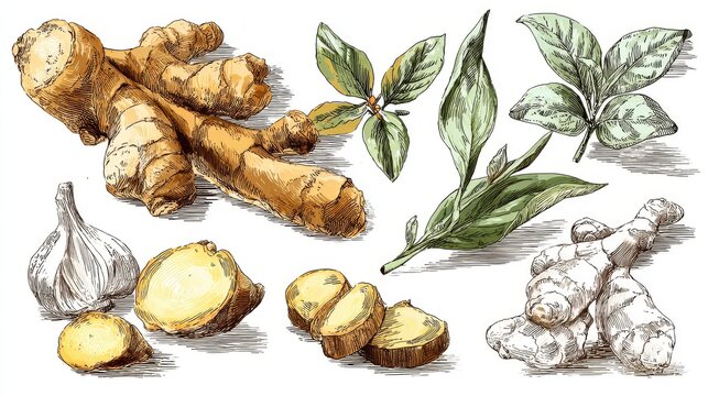Collection of ginger elements vector set showing whole root, sliced pieces, and herbal leaves in elegant natural drawing style