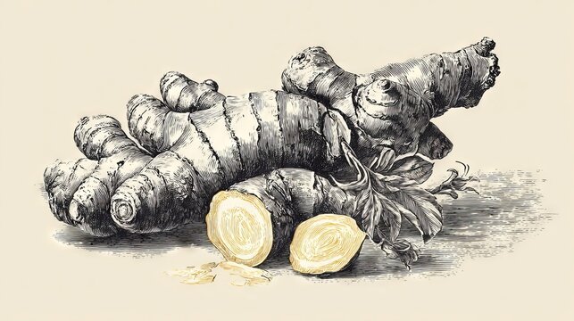 Botanical illustration of ginger root with realistic hand drawn line art details highlighting rhizome texture and cut sections