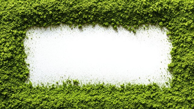 Decorative square frame border made of finely ground wheatgrass powder in rich green color on clean white background