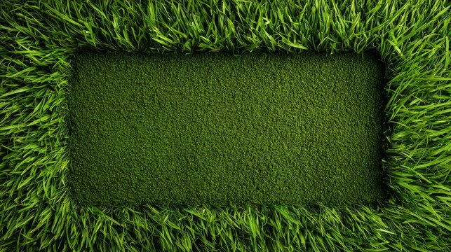 Minimalist frame design with vibrant green wheatgrass powder arranged as thick border surrounding empty center space