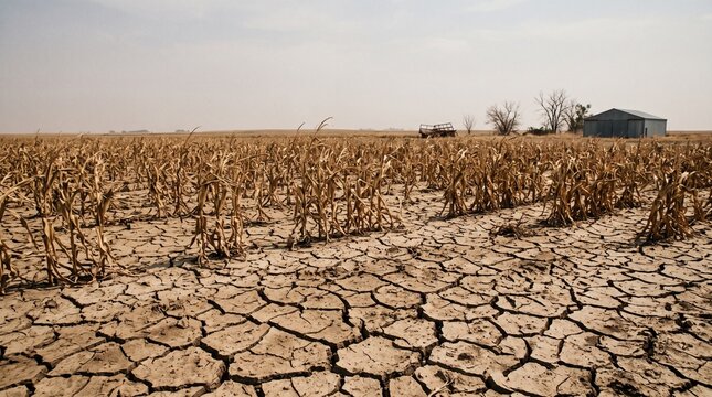 Cracked Earth and Dry Cornfield Under a Hazy Sky.