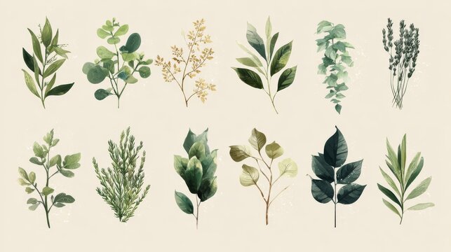 Decorative set of vector elements showcasing natural herbs and leaves arranged for packaging or branding design