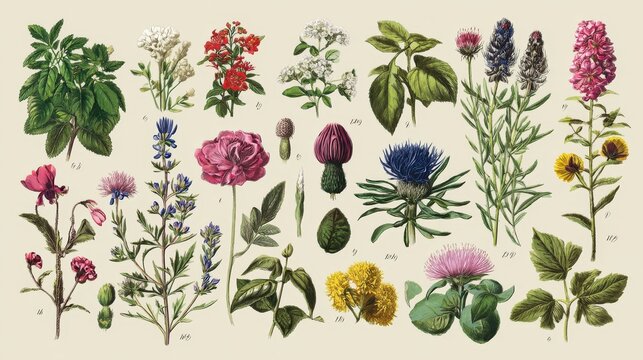 Selection of colorful culinary herbs and healing flowers drawn in detailed botanical illustration style