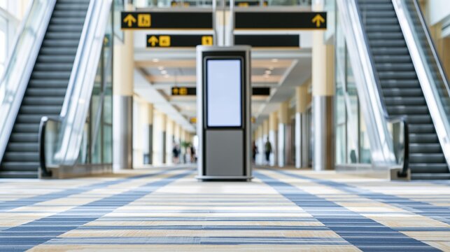 Empty airport corridor with escalators and blank digital