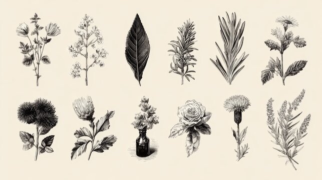 Hand drawn botanical set showcasing variety of herbs and flowers used in traditional remedies and gourmet recipes
