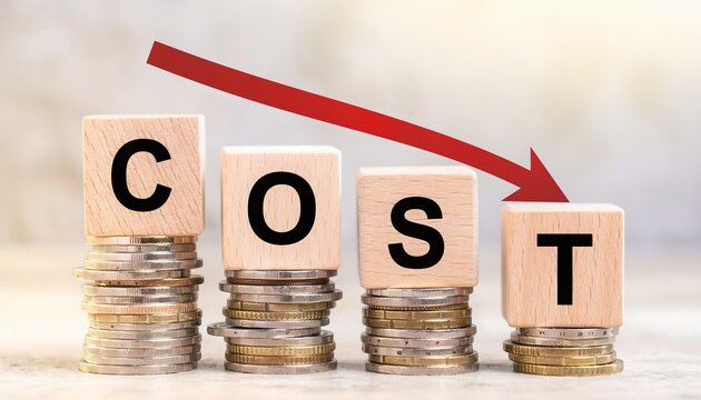 Cost Reduction Concept with Coins and Declining Arrow