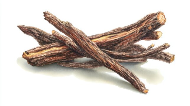 Hand-painted watercolor illustration of licorice root with detailed textures and earthy brown tones isolated on white background