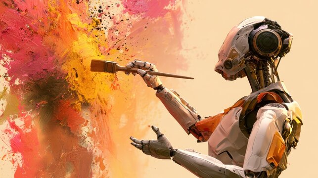 Futuristic humanoid robot painting colorful abstract artwork on canvas with paintbrush in creative artistic concept