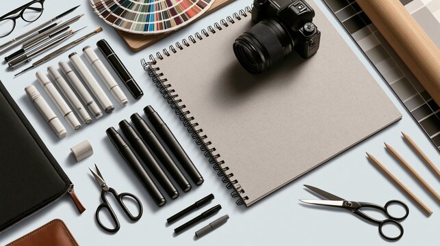 flat lay of creative design tools on light