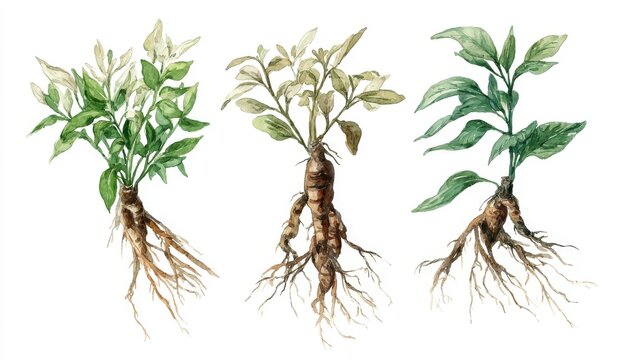 Hand sketched herbal root illustration painted in watercolor style with soft natural tones for medicinal design