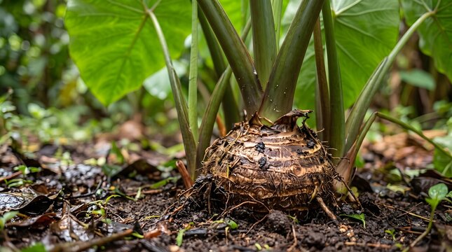 Close-up of a taro plants base with large green leaves and visible corm in rich soil.