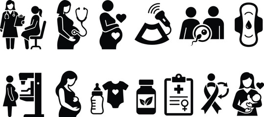 Fototapeta na wymiar Set of black icons representing maternity pregnancy and women health services