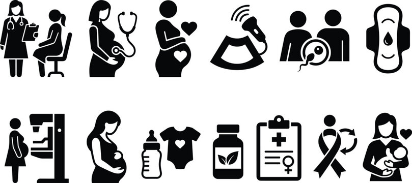 Set of black icons representing maternity pregnancy and women health services